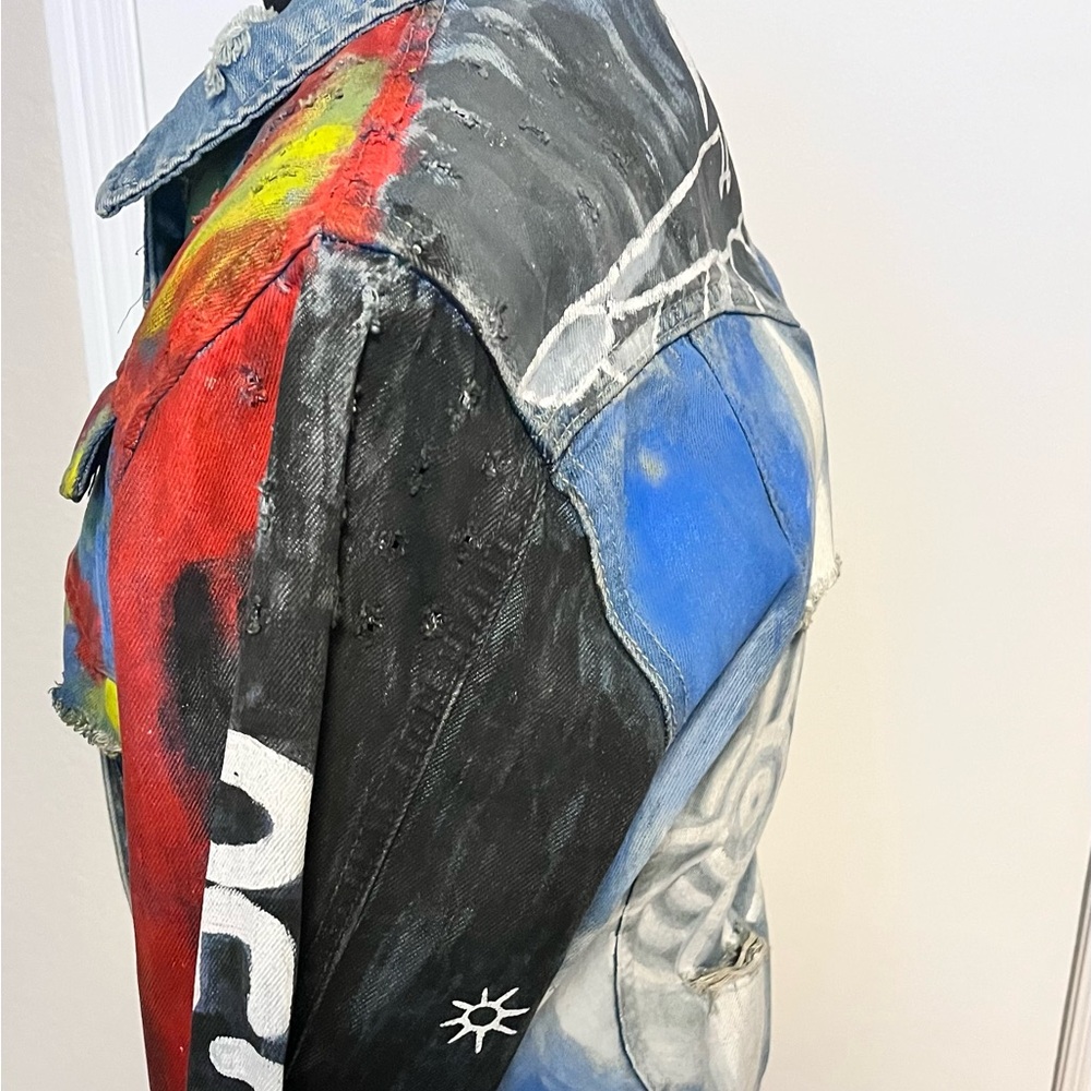 Bohemian Hand-Painted Denim Jacket Women’s Small with Bold Multicolor Paint - Picture 5 of 9
